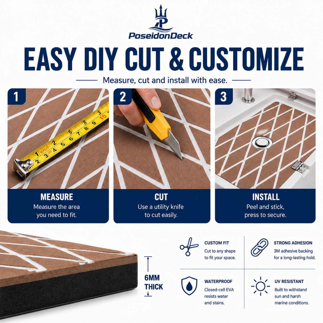 Brown white diamond DIY boat deck flooring cut and install guide