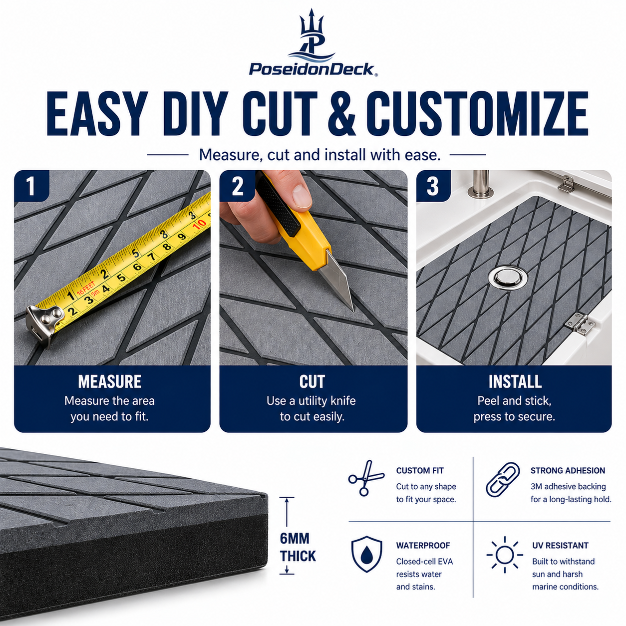 Dark gray black diamond DIY boat deck flooring cut and install guide