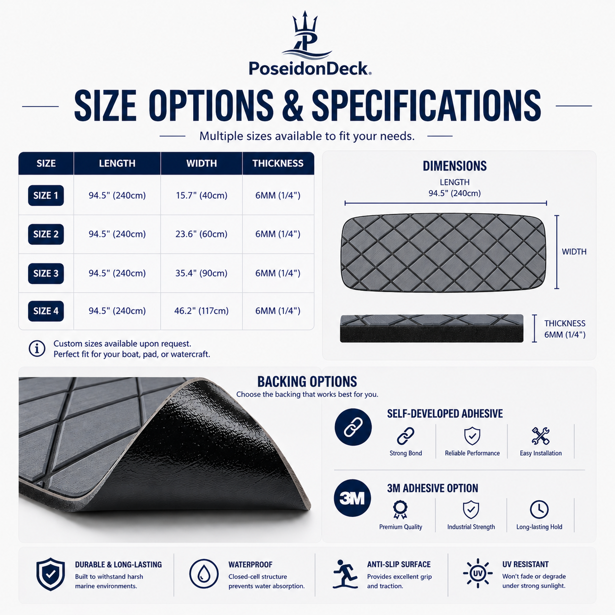 Dark gray black diamond EVA foam boat flooring size options 6mm chart