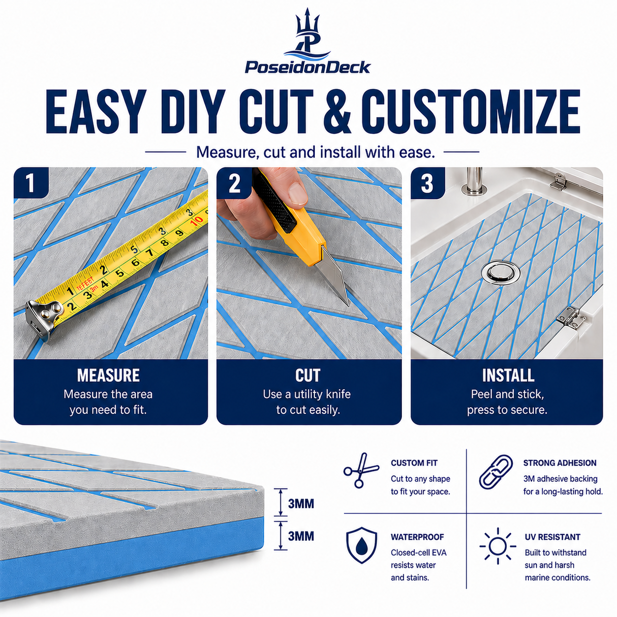 Gray blue lines diamond DIY boat deck flooring cut and install guide