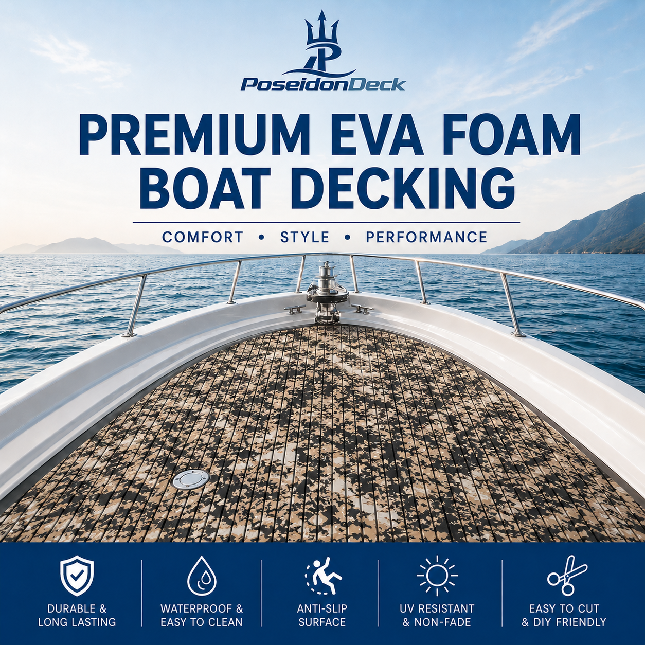 Beach camo EVA foam boat decking on boat with durable waterproof anti-slip feature icons