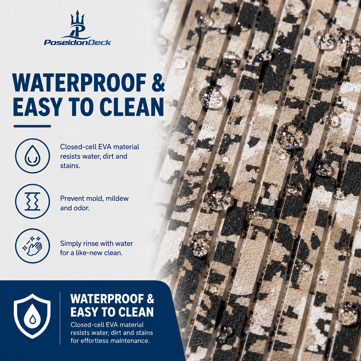 Waterproof beach camo EVA foam boat flooring surface with water droplets