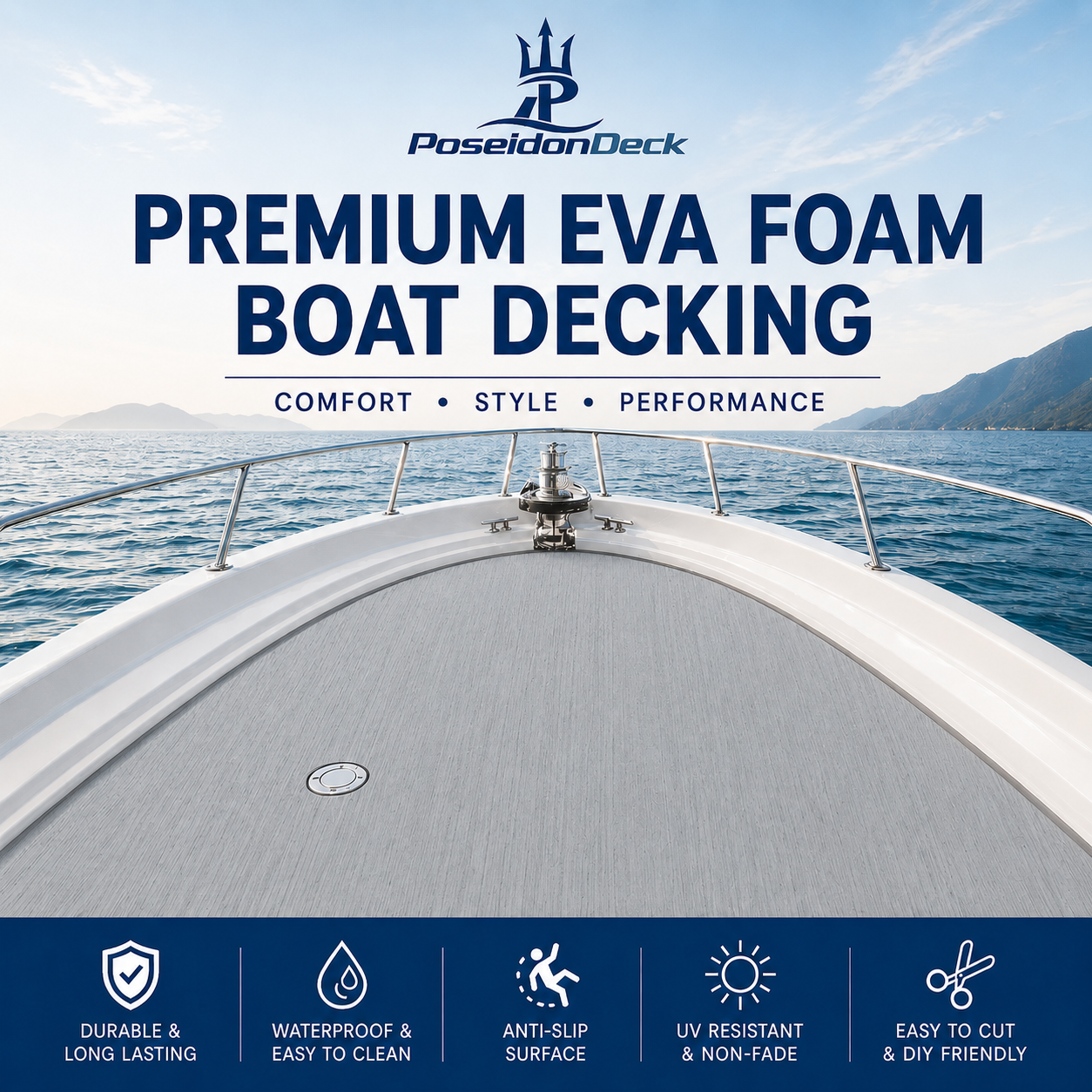 Gray solid color EVA foam boat decking on boat deck