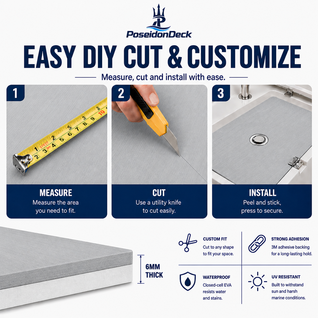 Gray solid color DIY boat deck flooring cut and install guide