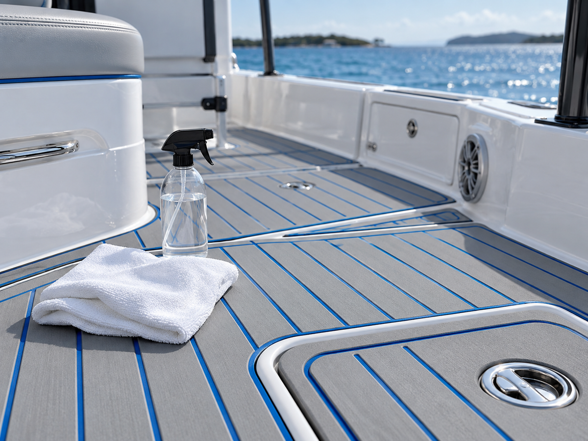 Clean grey and blue EVA foam boat flooring with microfiber cloth and spray bottle for a care and color stability guide