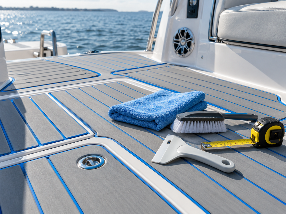 Clean grey and blue EVA foam boat flooring with maintenance, cleaning and measuring tools for a troubleshooting guide
