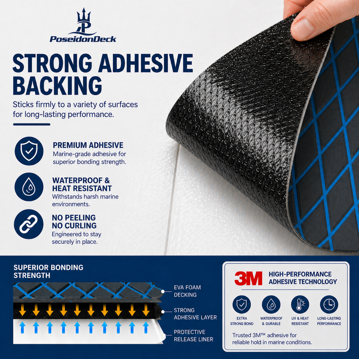 Black blue lines diamond EVA boat flooring adhesive backing view 