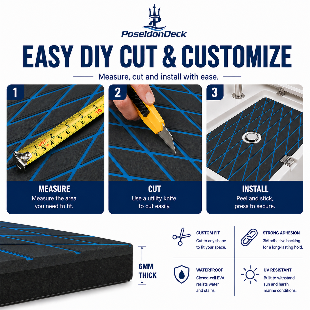 Black blue lines diamond DIY boat deck flooring cut and install guide 