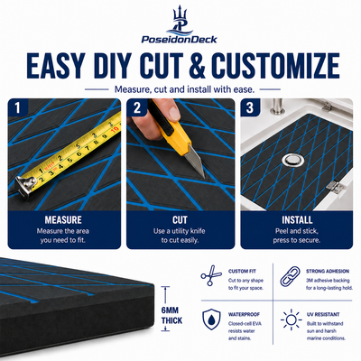 Black blue lines diamond DIY boat deck flooring cut and install guide 