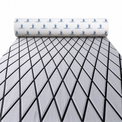 PoseidonDeck Grey With Black Lines diamond pattern EVA foam boat flooring 75 x 28 in with adhesive backing product sheet