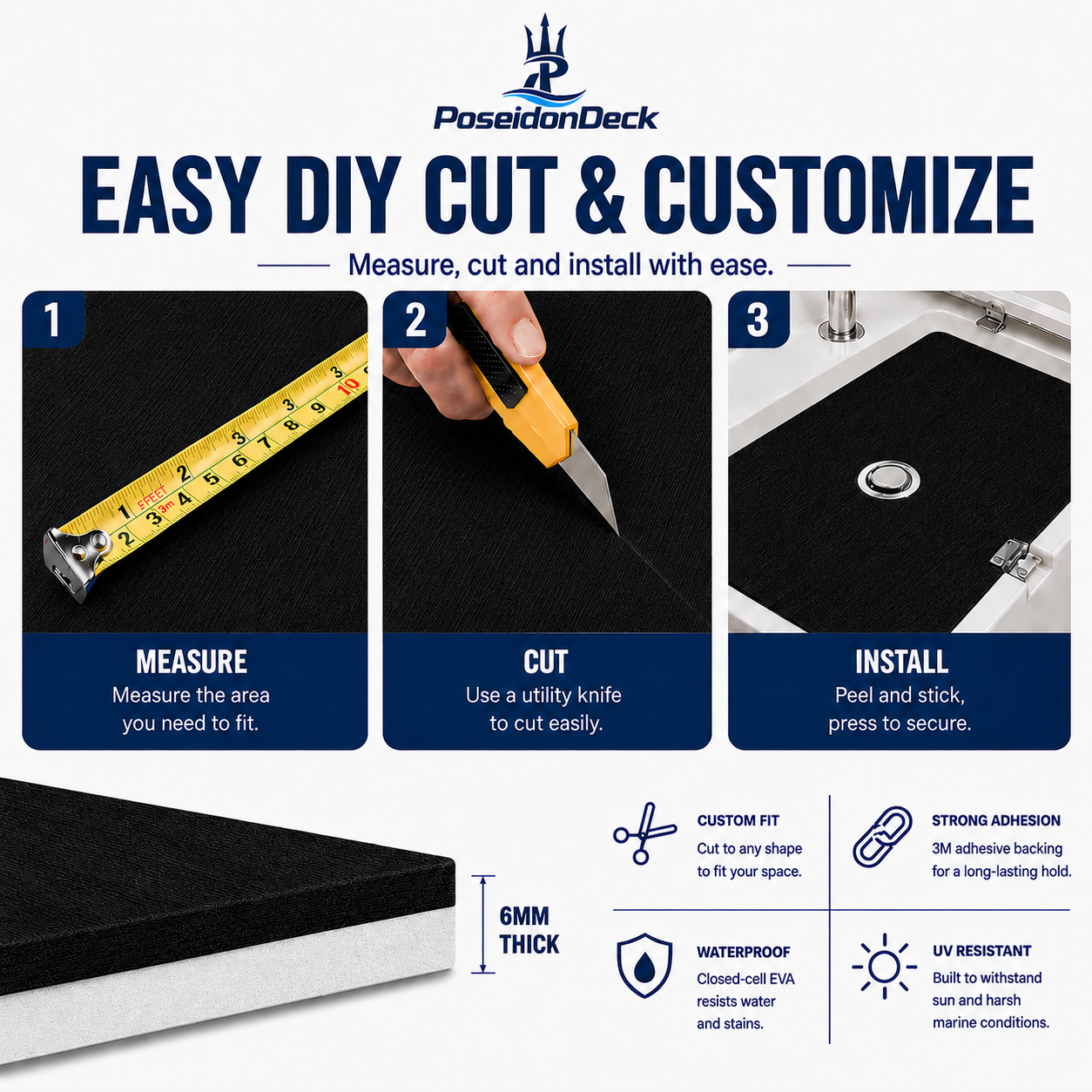 PoseidonDeck Black marine flooring EVA foam boat flooring 94.5 x 35.4 in with adhesive backing product sheet 