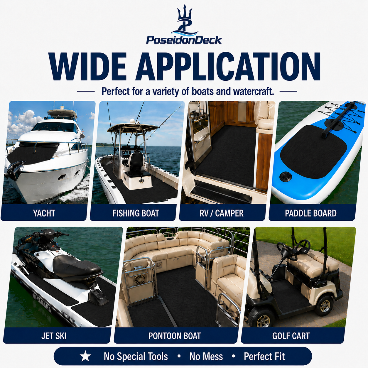 PoseidonDeck Black marine flooring EVA foam boat flooring 94.5 x 35.4 in with 3M adhesive product sheet 