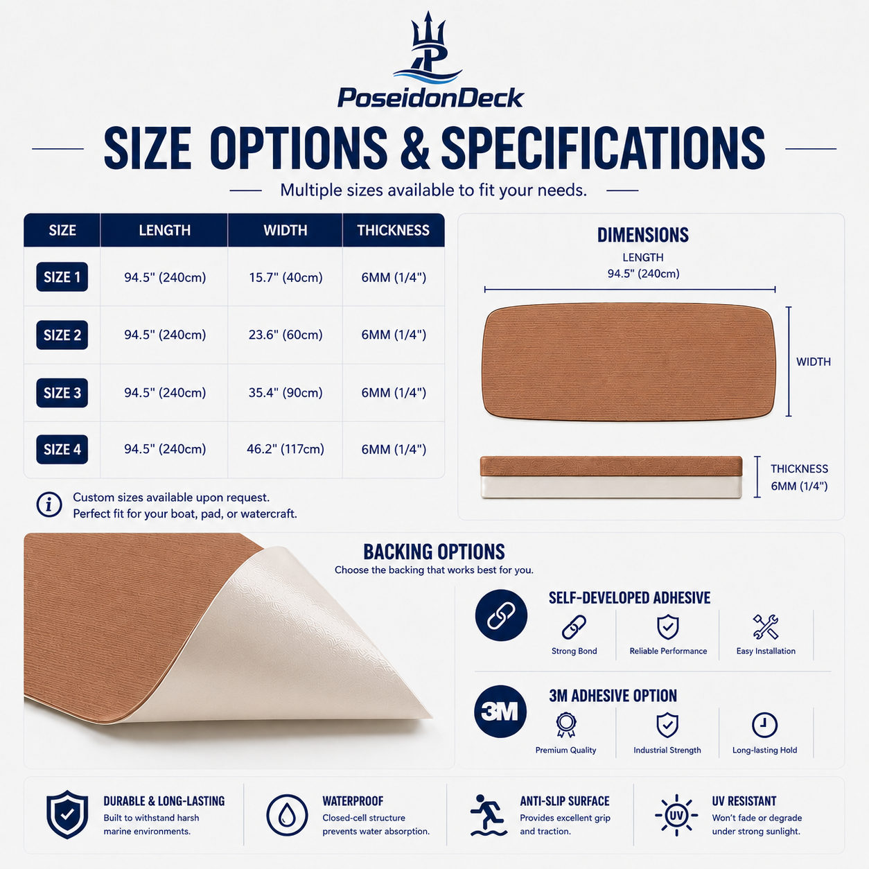 PoseidonDeck Brown marine flooring EVA foam boat flooring 94.5 x 47.2 in with adhesive backing product sheet 