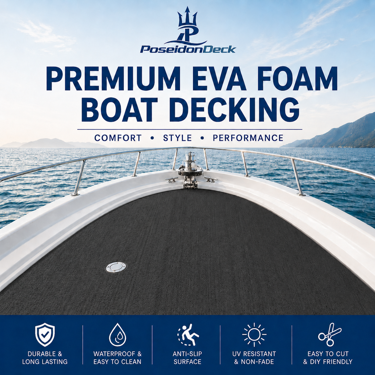 Dark gray solid color EVA foam boat decking on boat deck 