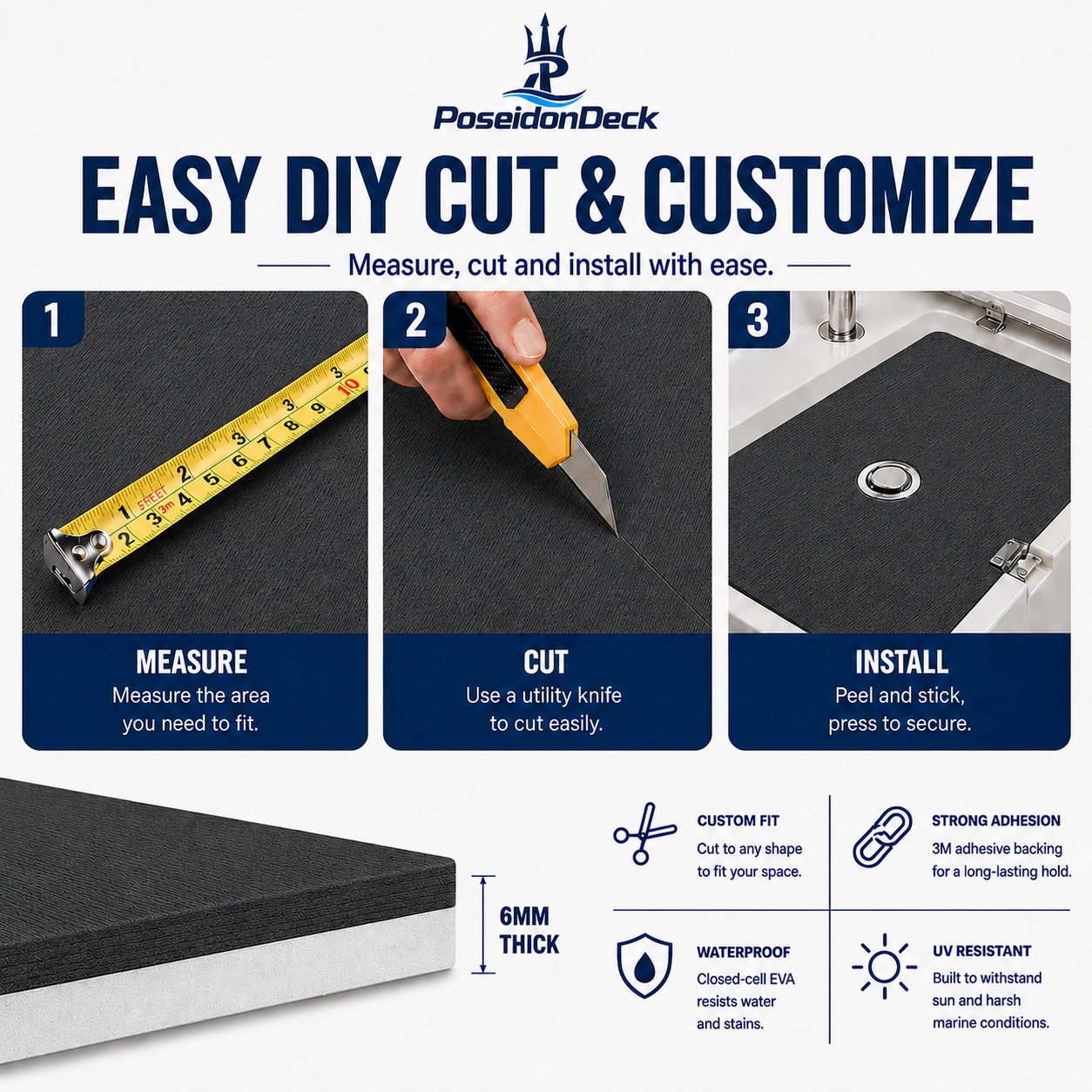 Dark gray solid color DIY boat deck flooring cut and install guide 