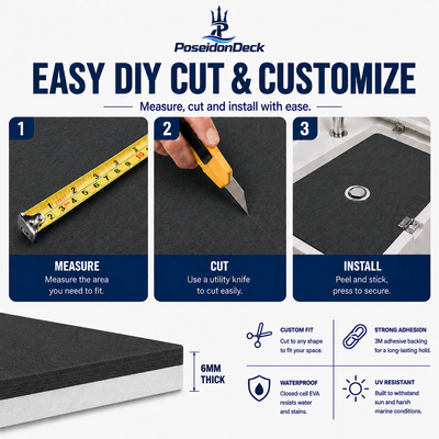 Dark gray solid color DIY boat deck flooring cut and install guide 