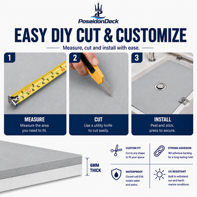 Gray solid color DIY boat deck flooring cut and install guide 